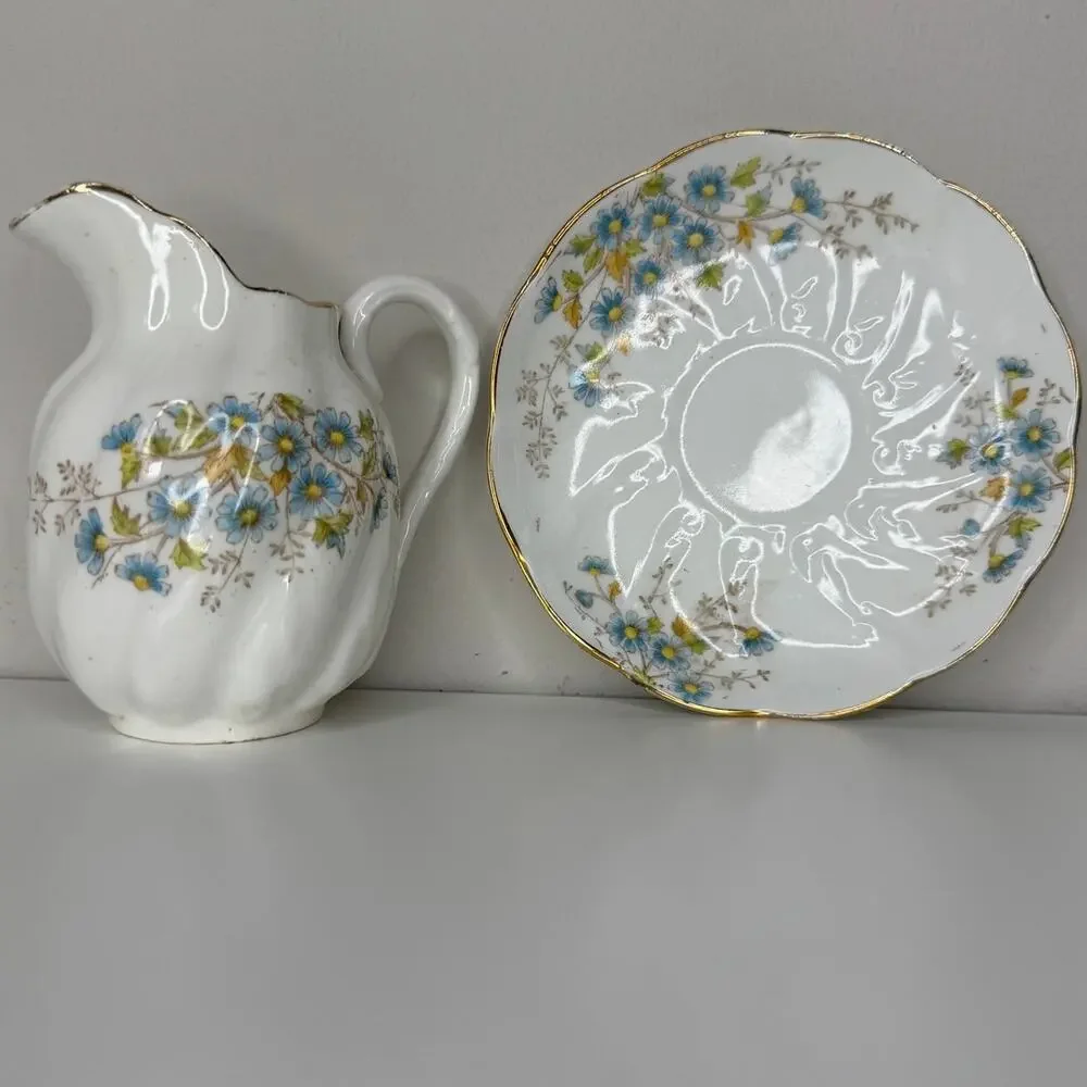 Antique Thomas Morris Niobe Creamer & Underplate Blue Floral Made in England